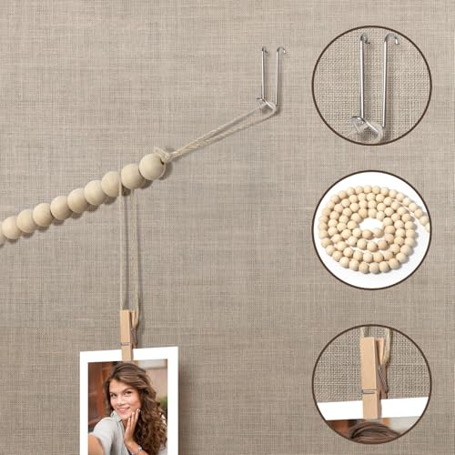 Office Cubicle Photo Display with 9 Wooden Clips & Fabric Hooks - Boho Desk Decor