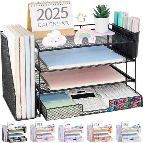 Desk Organizer and Accessories, 4-Tier Desktop File Organizer with Drawer and 2 Pen Holders, Office Desk Accessories, File Sorters, Workspace Organizers for Office Supplies(Black)