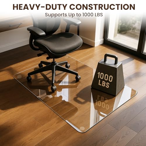 VASUHOME Heavy-Duty Tempered Glass Chair Mat, 31 x 48 Inch Large Office Floor Mat for Carpet or Hardwood Floors, 1/5" Thick with 12 Anti-Slip Pads