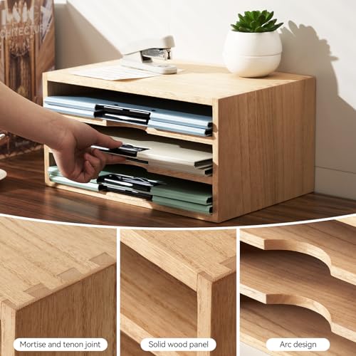 KIRIGEN Wooden Desktop Organizer Paper Storage Letter Tray File Sorter - Desk Rack Magazine File Dividers Holders for Home Office Accessories Wood Desk Cabinet with 3 Layer Trays Natural(3KWJG-NA)