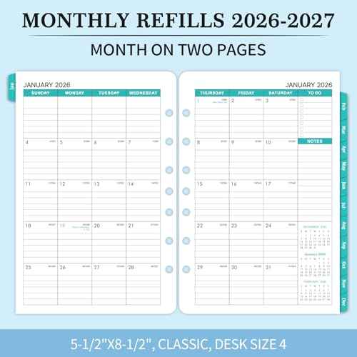 2026-2027 Monthly Planner Refill - Planner Inserts with 7-Hole Punched, 5-1/2" x 8-1/2", Runs from January 2026 to December 2027, Two Pages Per Month, Monthly Calendar with Tabs