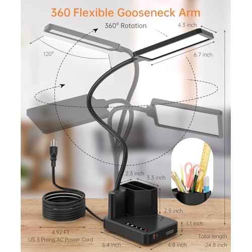 Desk Lamp, COZOO LED Desk Lamps for Home Office with USB Charging Port/Outlet/Organizer,Desk Lamp for College Dorm Eye-Caring Study Light,Gooseneck Table Lamp with Pen Holders/Storage,9 Lighting Modes