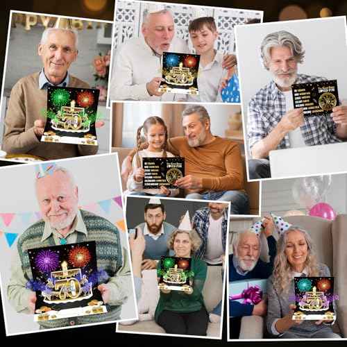 70th Birthday Cards Pop Up 3D Cake - Firework & Music & Blow Out Candle Light Funny Happy 70 Black Gold Birthday Card Gifts for Men, Women, Friends, Boyfriend, Dad, Mom, Husband, Wife