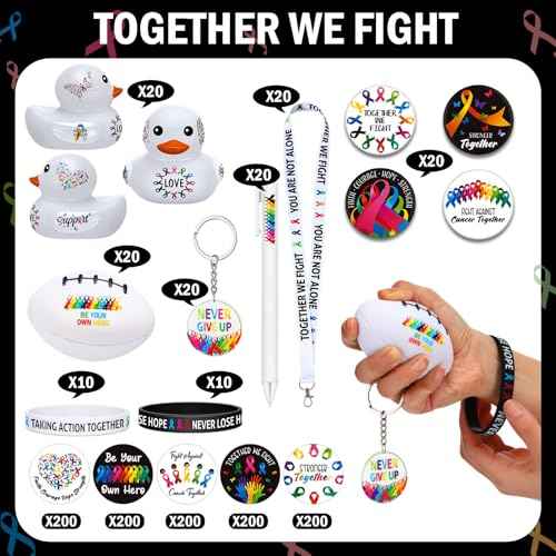 1140 Pcs Cancer Awareness Set Colorful Ribbon Lung Breast Cancer Awareness Items Include Lanyards Keychains Stickers Buttons Stress Balls Pens Silicone Bracelets Rubber Ducks