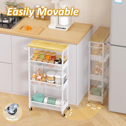 White 7.1-Inch Wide Slim Metal Storage Cart with Wood Top - Mobile Organizer