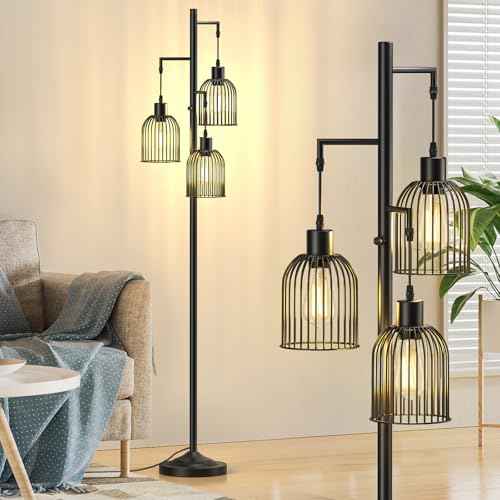 Stepless Dimmable Floor Lamps with Hanging Lampshades 3 Lights Boho Floor Lamps with 3 PCS 6W Bulbs Tree Standing Lamp Tall Pole Lamp for Living Room Bedroom Office, Black