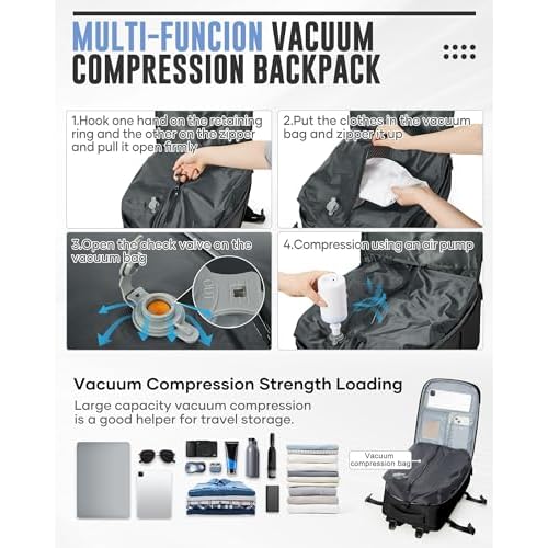Vacuum Backpack Travel,Travel Backpack with Vacuum System,18x14x8 Personal Item Size Carry on Travel Vacuum Bags with Pump, Mochila compresion al vacio,Laptop Backpacks,Black