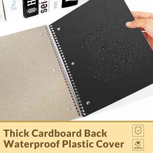 SUNEE Spiral Notebook, 1-Subject, Graph Ruled Paper, 8" x 10-1/2", 100 Sheets per Notebook, 3-Hole Punched Paper, Water Resistant Cover, Spiral Grid Notebooks for Work, Home, School, Writing, Black