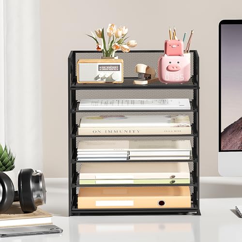 SUBEKYU Black 6-Tier Paper Organizer with Handle - Desk Storage & File Tray