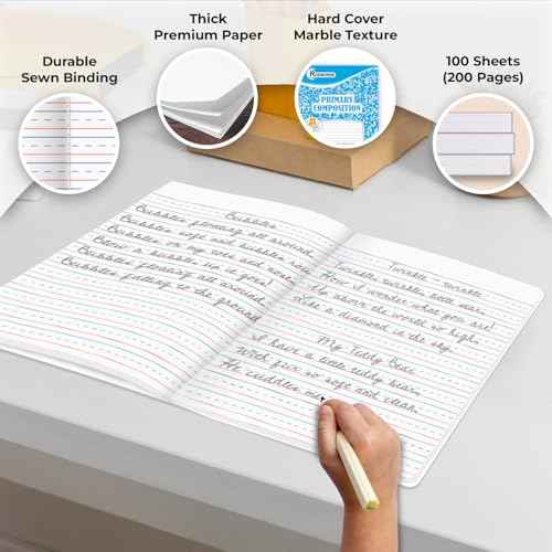 Rosmonde Composition Notebooks Primary Ruled 5 Pack, 200 Pages (100 Sheets), Color Marble Composition Notebook, Sewn Binding Hard Cover, Primary Composition Notebook for Kids, Writing Dotted Lined