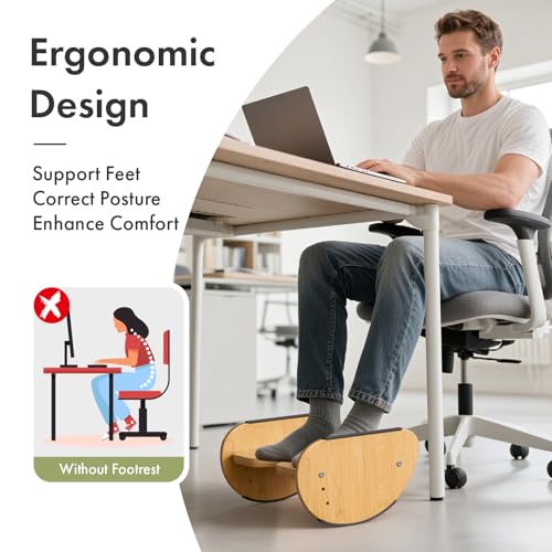 Amazer Bamboo 2-in-1 Under Desk Foot Rest (Natural, 1-Tier) — Reversible Rocking/Static Foot Stool