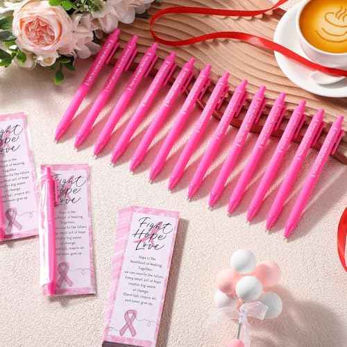 100 Sets Breast Cancer Care Gifts Breast Cancer Awareness Pens Pink Ballpoint Pens Pink Ribbon Pin Hope Cards and Bags Inspirational Gifts for Women Charity Fundraiser Campaign Party Favors