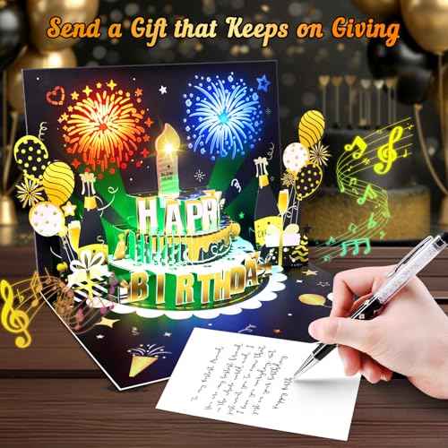 DIY Age Birthday Cards, 3D Pop-Up Firework Birthday Cards with Music & LED Lights, Happy Birthday Gifts for Mom, Women, Men, Kids, Dad, Father, Wife