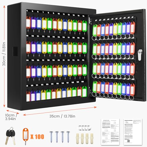 Nebakne 100 Keys Key Cabinet Lock Box with Drop Slot - Anti-Theft, Wall Mount with Key Tags (Black)