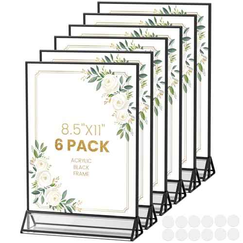 Acrylic Sign Holder 8.5X11 Black Picture Frame Double-Sided Acrylic Frames for Wedding Table Numbers Photo Frames Flyers Menu with Removable Sticky Dots-6 Pack