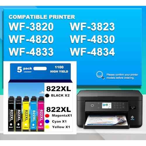 822XL Remanufactured for Epson 822XL Ink Cartridges for Epson 822XL 822 for Epson Workforce Pro WF-3820 WF-3823 WF-4820 WF-4830 WF-4833 WF-4834 Printer 5 Pack 2 Black 1 Cyan 1 Magenta 1 Yellow