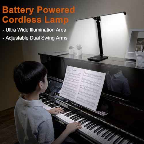 NUNET Double Head LED Desk Lamp, 10W Dimmable Piano Stand Light with Dual Swing Arms, USB Charging Ports, Battery Powered Cordless Table Lamp for Upright Piano, Music Stand, Camping, Home & Office