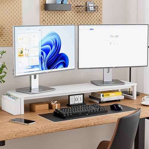 Dual Monitor Stand Riser, 41.5'' Extra Long Wood Monitor Stand Desktop Organizer with Side Pocket, Ergonomic Monitor Riser Supports 2 Monitors,TV,Laptop,Printer for Home Office, White