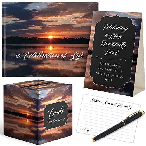 All-in-One Funeral Guest Book Set ? Elegant Memorial Guestbook, Funeral Register Book, 60 Memory Cards, Collection Box, Black Pen, Table Sign, Celebration of Life Guest Book, Memorial Keepsake