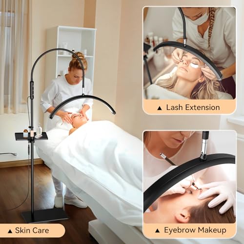 Lash Light for Eyelash Tech, Gooseneck Floor Lamp Led Half Moon Ring Light for Eyelash Extensions, Tattoo Artist, Nail Tech, Esthetician, Cool/Warm Modes, Dimmable Brightness, Movable Tray