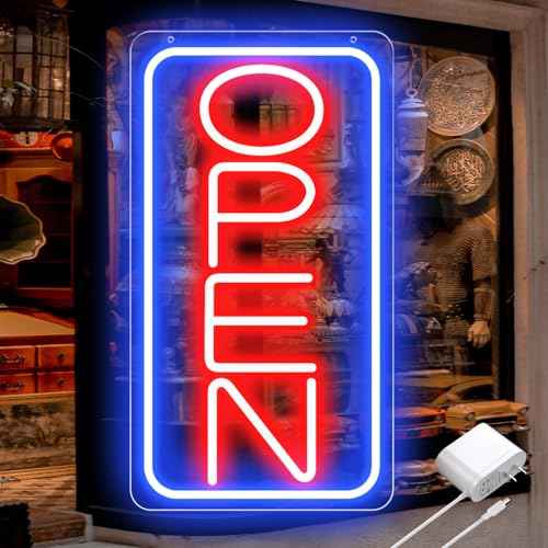 16.5" X 9" Led Neon Open Signs for Business Ultra Bright Plug In Electric Light Up Open Signs with ON/OFF Switch and 12V/2A AC Adapter for Storefront Window Bar Salon Coffee Stores (Vertical)