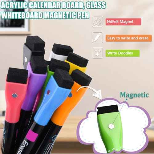 Magnetic Wet Erase Markers, Liquid Chalk Markers Ultra Fine Tip for Acrylic Calendar, Whiteboard Marker with Erasers Cap for Planning Board, Clear Glass, Low Odor Fine Tip Wet Wipe Pens, 8 Pack