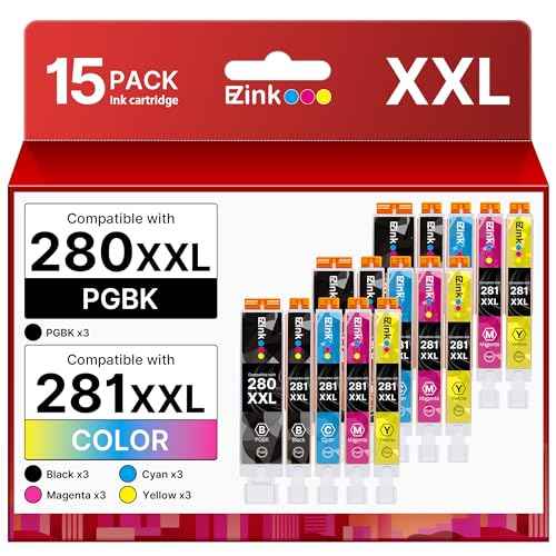 15 Pack 280 281 XXL Ink Cartridges Replacement for 280 Ink Canon 281 Ink Cartridges PGI-280XXL CLI-281XXL to use with Canon TS9521C TR8620a TR8622a TR7520 TR8620 TR8520 TR8600 TR7520 TS702a TS9520