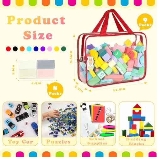9 Packs Toy Storage Bags with Labels, Large PVC Reusable Board Game Storage Containers Clear Zipper Pouches Waterproof Travel Organizer Bags for Building Blocks, Puzzle, Kids Books, Stationery, Makeup