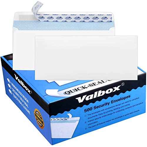 ValBox 500 Count #10 Security Self-Seal Envelopes Windowless Design Security Tint Pattern for Secure Mailing 4-1/8x9-1/2",White Business Envelopes