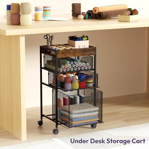 Rolling File Cart with Drawers - 4-Tier Espresso Under-Desk Mobile Office Organizer