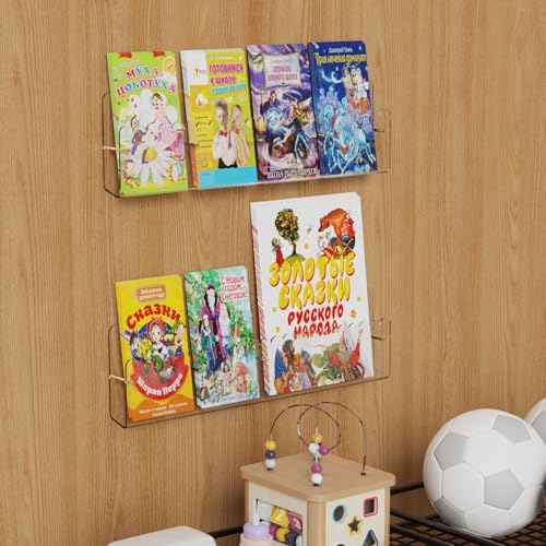 Brochure Holder Wall Mount, 2 Pack Acrylic Modular Flyer with Adjustable Magnetic Golden Bolt, Wavy Lace Pamphlet Display Stand for Organizer Trifold Flyer, Document, Leaflet, 4 Slots