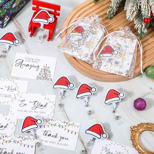 Cholemy 90 Pcs Employee Appreciation Gifts for Teachers Include Santa Hat Badge Reel Christmas Badge Holder Encouragement Cards and Organza Bag Xmas Team Gifts for Nurse Coworker