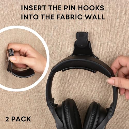 Fabric Wall Headphone Holder for Office Cubicles, Space-Saving Desk Organizer, Black (2 Pack)