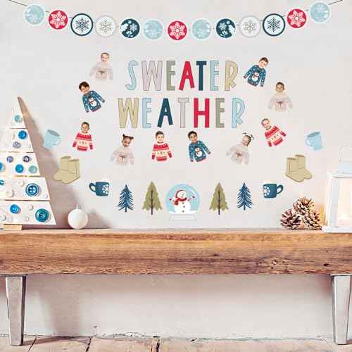 Whaline 85Pcs Winter Bulletin Board Decoration Kit Xmas Tree Snowmen Snowflake Cutouts with Glue Point Christmas Holiday Classroom Bulletin Border Stickers for Home School Office Wall Door Decor