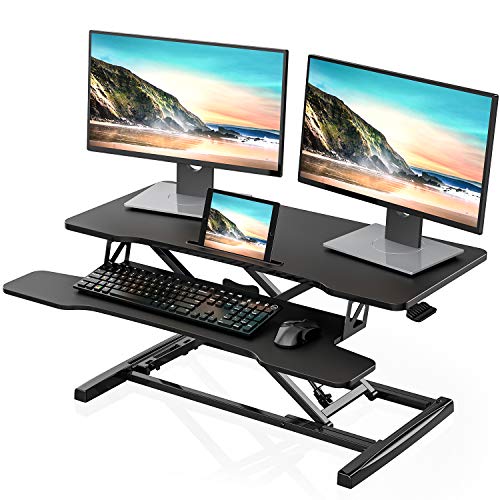 FITUEYES Height Adjustable Standing Desk 36¡± Wide Sit to Stand Converter Stand Up Desk Tabletop Workstation for Laptops Dual Monitor Riser Black SD309101WB