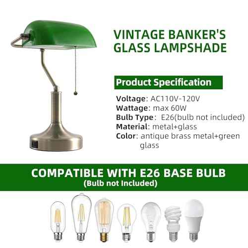 Banker Desk Lamp Green Glass, Antique Desk Lamps with Brass Base, Traditional Library Table Lamp with USB A and Type C Charging Port for Office, Study Room, Pull Chain Switch