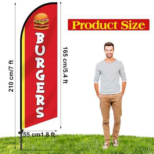 2 Set 7ft Burgers Restaurant Feather Flag Banner Advertising Swooper Flag with Pole Kit and Ground Stake for Burger Restaurant Business Outdoor Decor Events Promotion
