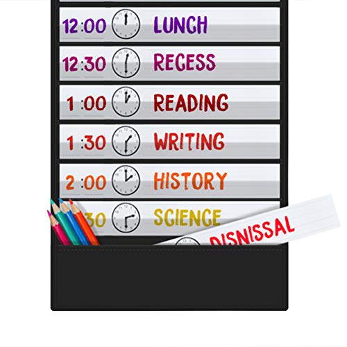 Godery Daily Schedule Pocket Chart Black with 18 Dry-Erase Cards - Classroom & Home Organizer