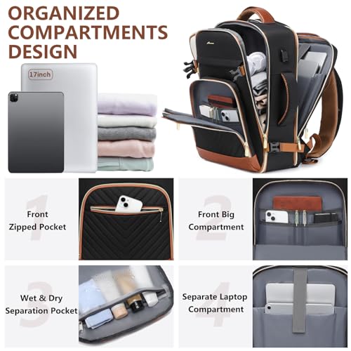 Large Carry On Travel Backpack: Flight Approved 40L Waterproof Personal Item Daypack for Women Weekender Bag fit 17inch Laptop Luggage Backpack Traveling Business with USB Port and 3 Packing Cubes