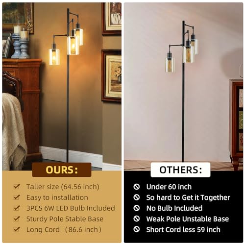 Farmhouse Floor Lamp for Living Room Bedroom, 3-Lights Floor Lamp with On/Off Foot Switch, Tall Pole Tree Standing Lamp Oil Rubbed Bronze with Amber Glass Shade, LED 3 Bulbs Included