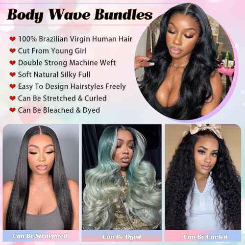 12A Body Wave Bundles Human Hair 16 Inch 100% Unprocessed Brazilian Virgin Quick Weave Human Hair Extensions Real Human Hair for Women