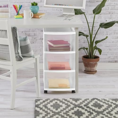 LovingStar Plastic Storage Drawer Cart with 3 Clear Drawers & Casters, Medium White