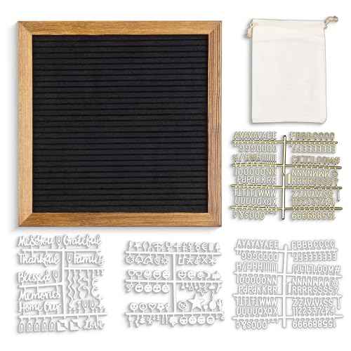 Real Wood Framed Felt Letter Board, Changeable Message Board, 10" x 10", Folding Stand and Wall Mount, 500+ Pieces of White & Gold Letters, Numbers, Words & Symbols, by Better Office Products (Rustic