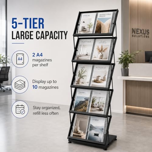 Foldable Floor Standing Magazine & Brochure Display Rack with Wheels, 5 Tiers