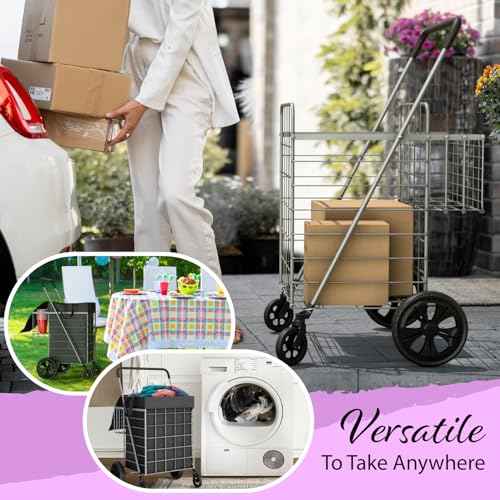 Shopping Cart w/Waterproof Basket Liner & 360¡Æ Swivel Wheels | Foldable Collapsible & Lightweight | Perfect for Groceries Laundry Utility Cart - Silver