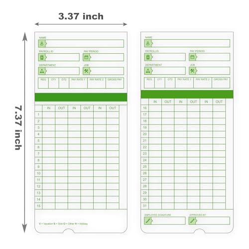 Tlpmsk 300 Count Employee Time Cards for Time Clocks, Monthly, 2-Sided, 3 3/8" x 7 3/8", Green Print, All Pay Periods