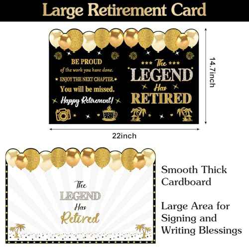 Retirement Card for Man Woman, Black Gold Large Retirement Card for Signing Jumbo The Legend Has Retired Guest Book Greeting Card with Envelope Retired Decorations Gift