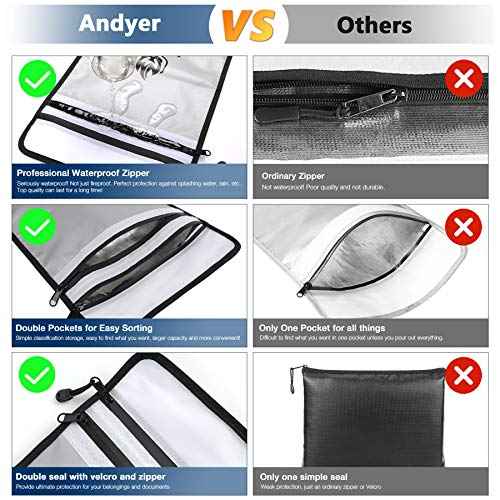 Upgraded Two Pockets Fireproof Document Bag (2000¢µ), andyer 15¡±x 11¡±Waterproof Fireproof Money Bag for Cash with Zipper, Important Document Storage Organizer for Valuables, Legal Documents Safe
