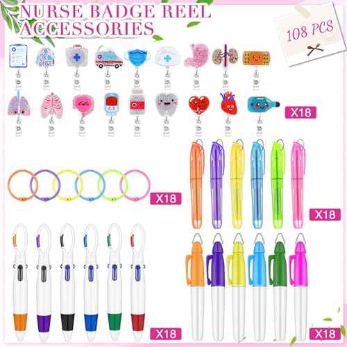 Lincia 90 Pcs Bulk Nurse Badge Reels 18 Sets Scrub Life Retractable Badge Accessories with Ballpoint Pens Markers Highlighters Keychains Gifts for Christmas Nursing Students Medical Staff(Classic)
