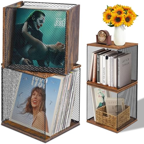 2 Cubes of Vinyl Record Storage, Premium Wooden Record Holder Shelf with Visual Metal Mesh & Large Capacity, DlY Stackable 90-120 Albums, Vinyl Organizer Solution for Home or Studio, Stylish & Durable
